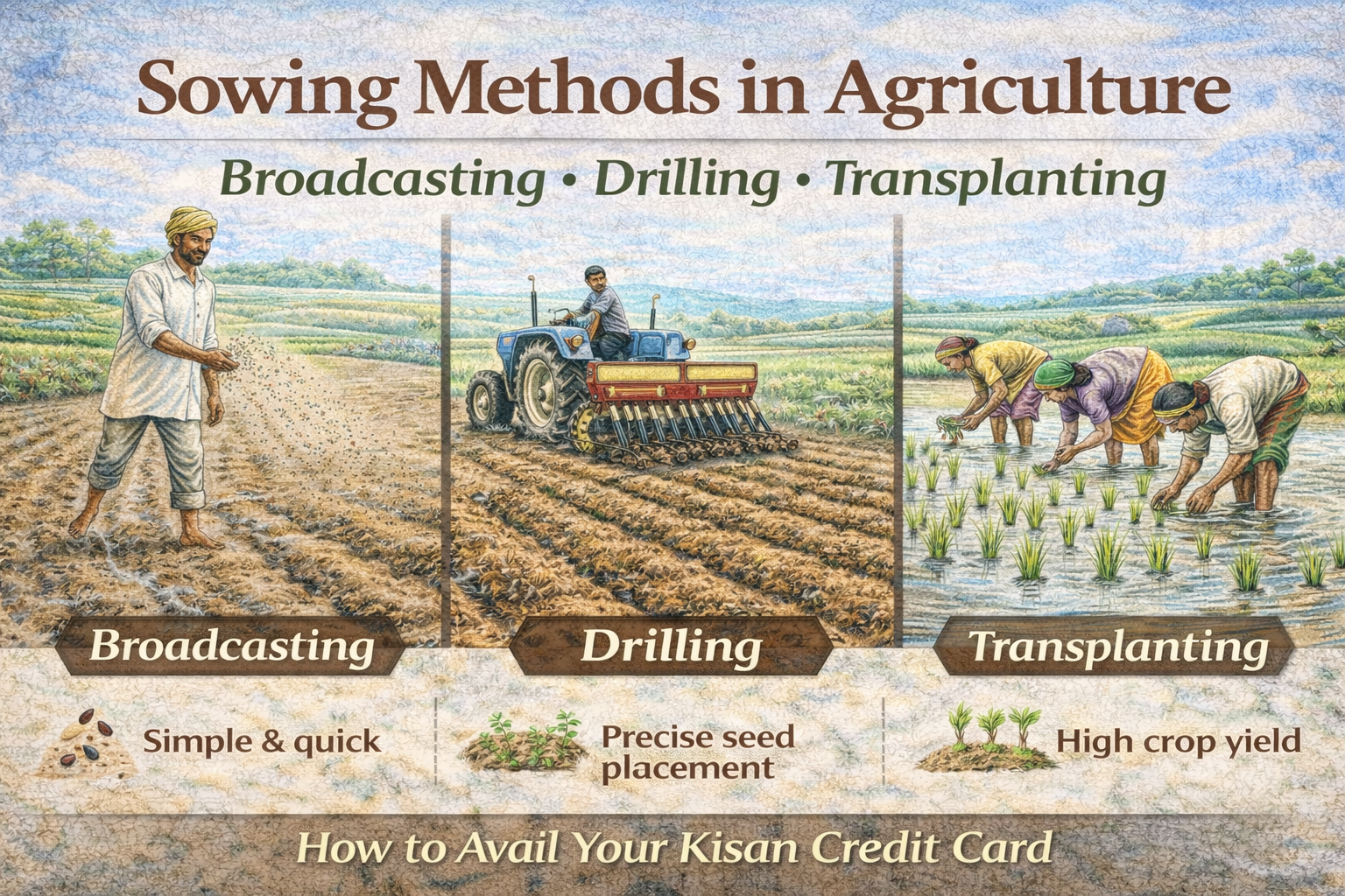 Sowing Methods in Agriculture: Broadcasting, Drilling, and Transplanting
